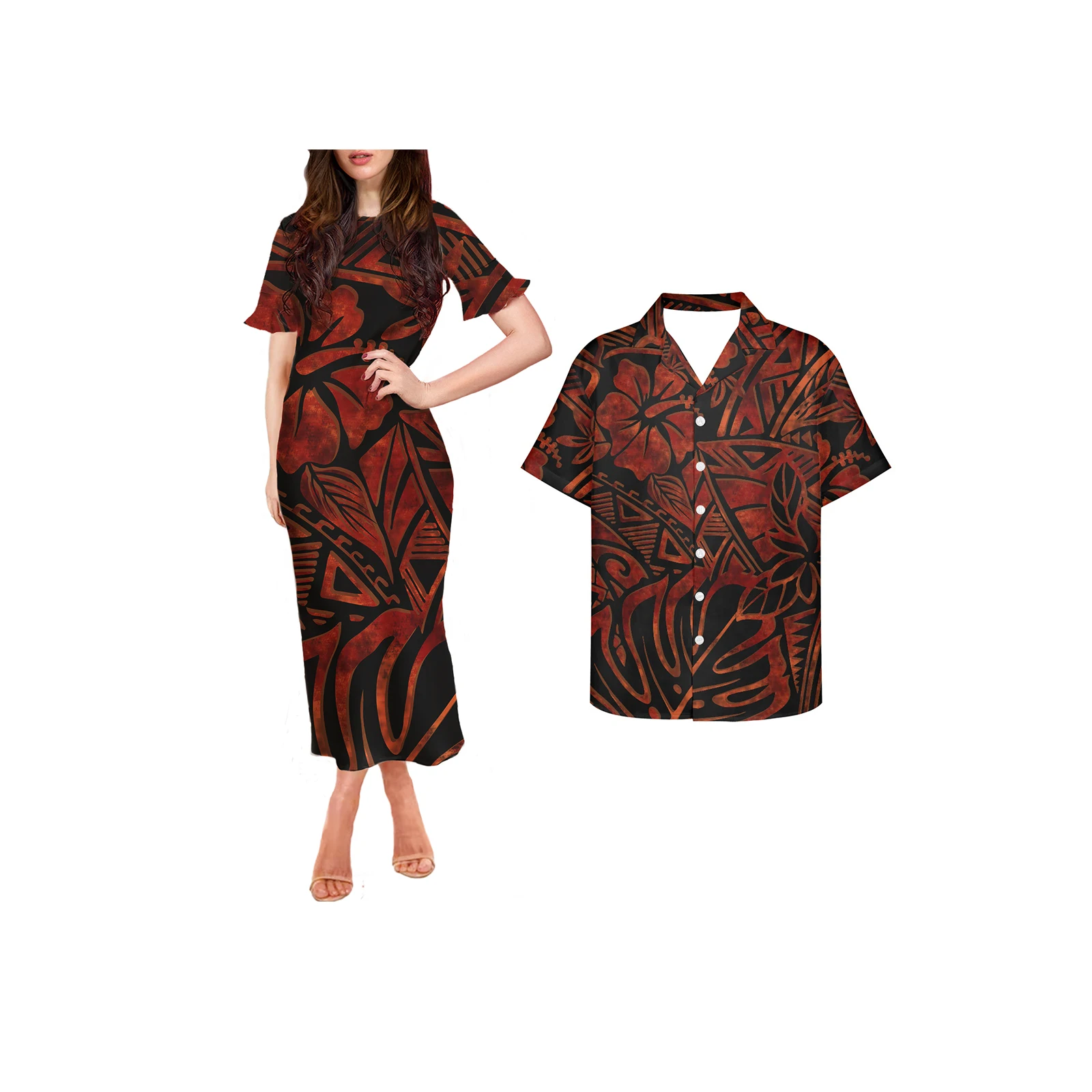 2022 Couple Polynesian Clothing Womens Evening Dress Samoa Tribal New Dress Women Short Sleeve Maxi Dress Matching Men Shirts