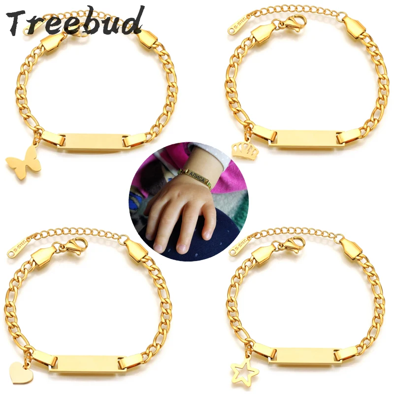 

Treebud Engrave Name Baby Bracelets Stainless Steel Custom Nameplate Date Kids Crown Heart Butterfly Star Bracelet Jewelry Gifts