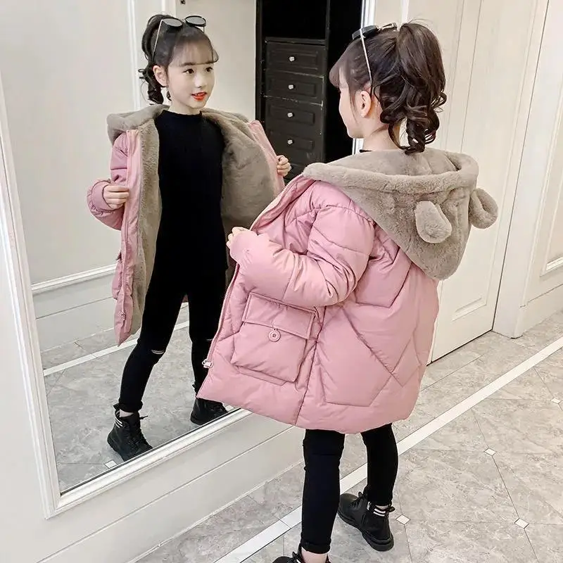 

Girls Fur Coat Jacket Cotton Outwear Overcoat 2022 Classic Warm Thicken Plus Velvet Winter Autumn School Gift Children's Clothin