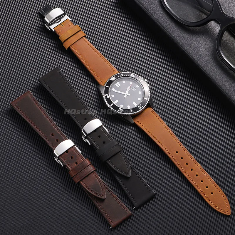 Elegant Vintage Cowhide Leather Watch Strap with Deployment Buckle - Business Style Wristband