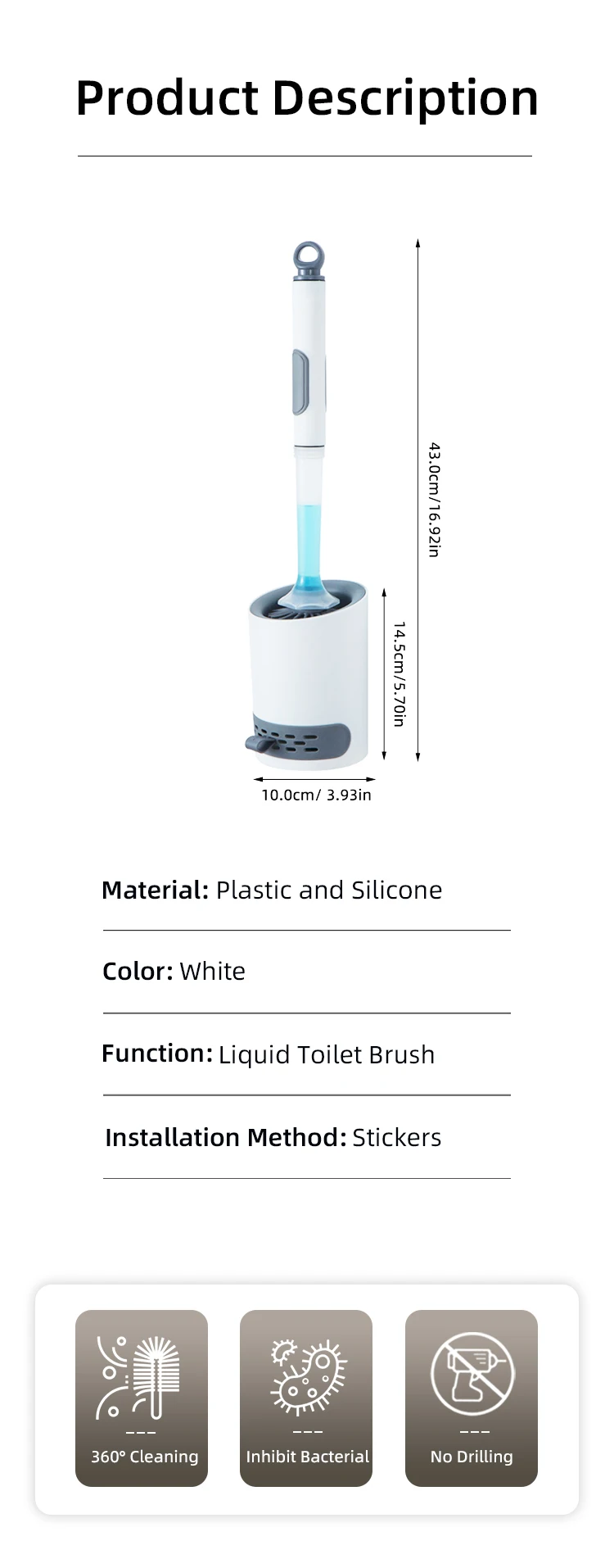 Description Picture 3 of itemWater Spray Silicone Toilet Brush Long Handle Refillable Silicone TPR Brush With Wall-Mounted Bathroom Cleaning Accessories