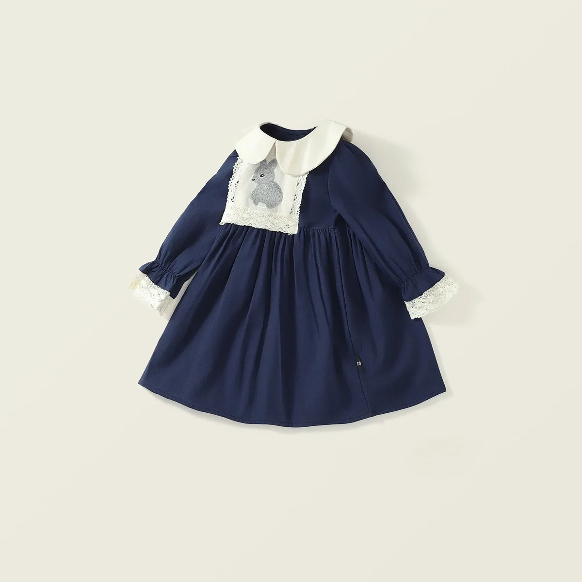 Girls Doll Collar Rabbit Embroidered Dress Autumn Korean Version Long-Sleeved Navy Blue Lapel Princess Dress
