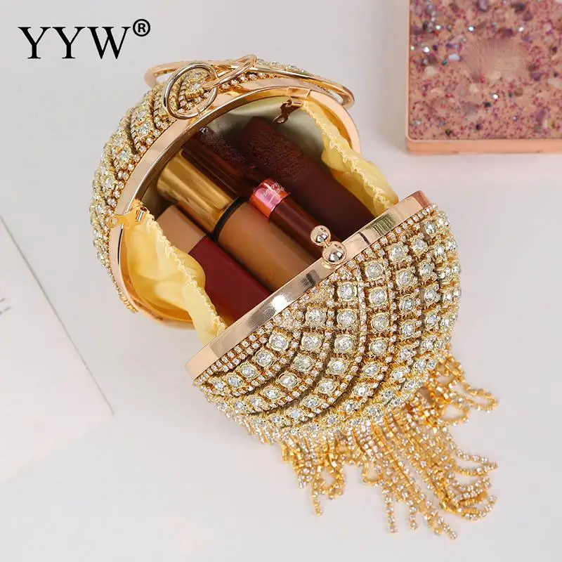 Round Ball Tassel Women Crystal Ring Clutch Evening Bags Luxury Shiny Diamond Wedding Party Wristlets Chain Handbag Lady Purse
