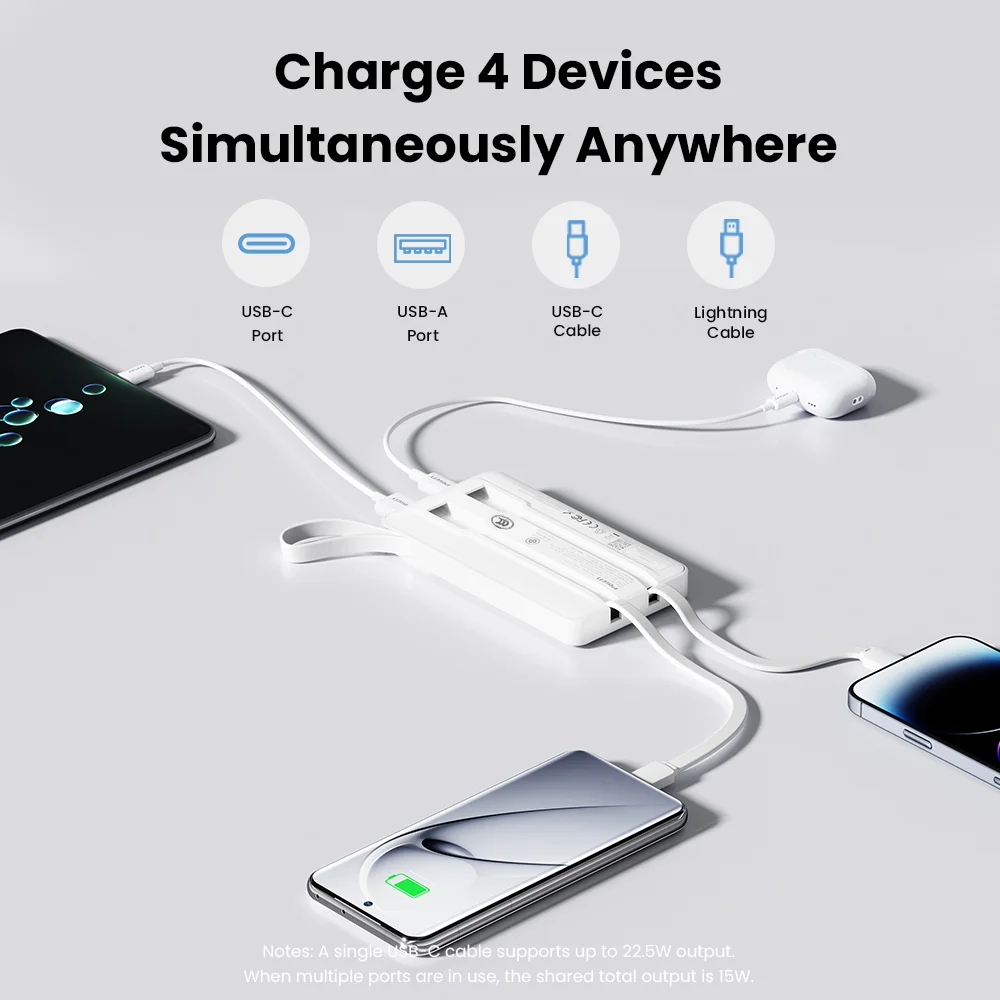 PISEN 3C Certified 22.5W Power Bank 10000mAh/ 20000mAh With Built-in Type C/L Cables Fast Charging Powerbank For iPhone Samsung 3