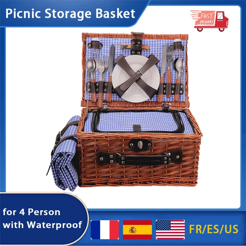 Handmade Wicker Picnic Basket For 2/4 Person With Waterproof Picnic