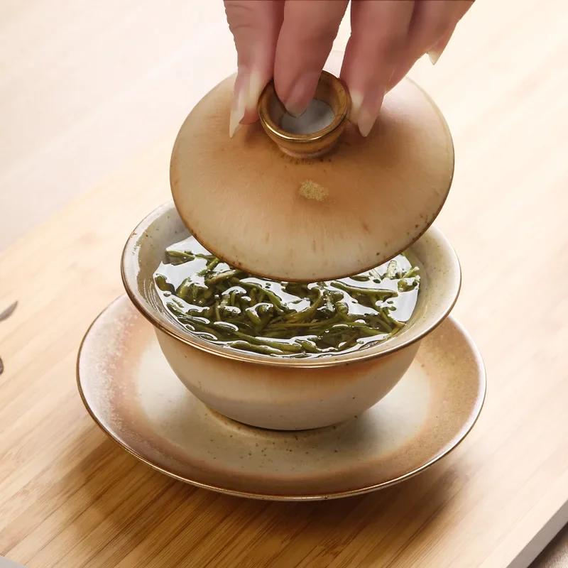 Stoneware Tea Bowl Gaiwan Tea Cup Three Pieces Making Bowl Retro Domestic Kung Fu Handmade Kung Fu Set gaiwan