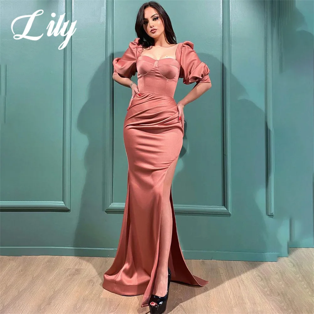 

Lily Elegant Pink Wedding Party Dress Stain Square Collar Celebrity Dress Trumpet Pleats Special Occasion Dress with Split 프롬드레스