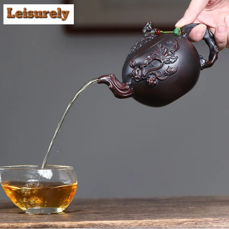 410ml Yixing Purple Clay Teapots Handmade Grape Pot Raw Ore Antique Brass Mud Kettle With Strainer Chinese Zisha Tea Set Cafe
