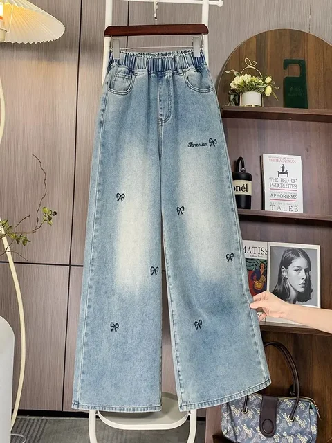 Plus Size Jeans Women 2025 Autumn Winter New Arrivals Bow Embroidery Wide Leg Loose Jeans Woman Trousers Elastic Waist Jeans