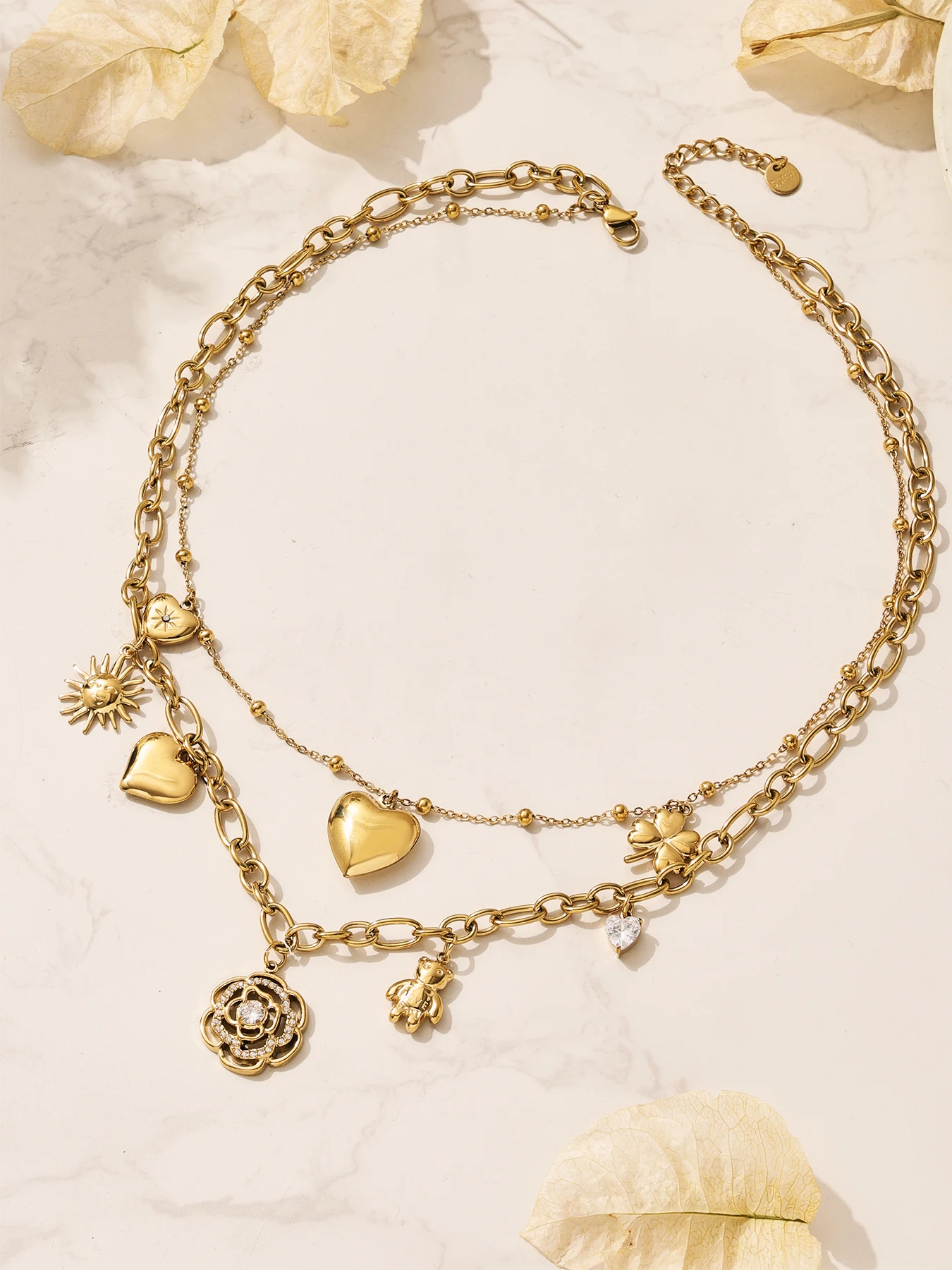 Trendige Blumen-Herz-Halskette mit Zirkonia-Anhänger für Damen, Doppelgliederkette aus Edelstahl, modischer Schmuck, Geschenkidee – Detail 8