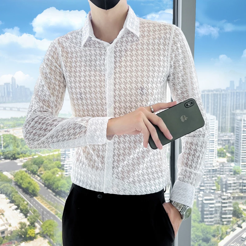 

Brand Clothing Men's Summer Hollow Out Lace Long Sleeve Shirts/Male Slim Fit Fashion High Quality Lapel Casual Shirt M-4XL