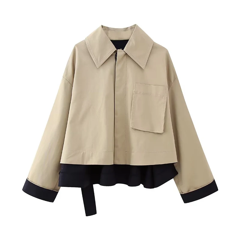 

YENKYE 2023 Women Fashion Big Pocket Patchwork Short Windbreak Jacket Female Vintage Oversize Autumn Winter Trench Coat