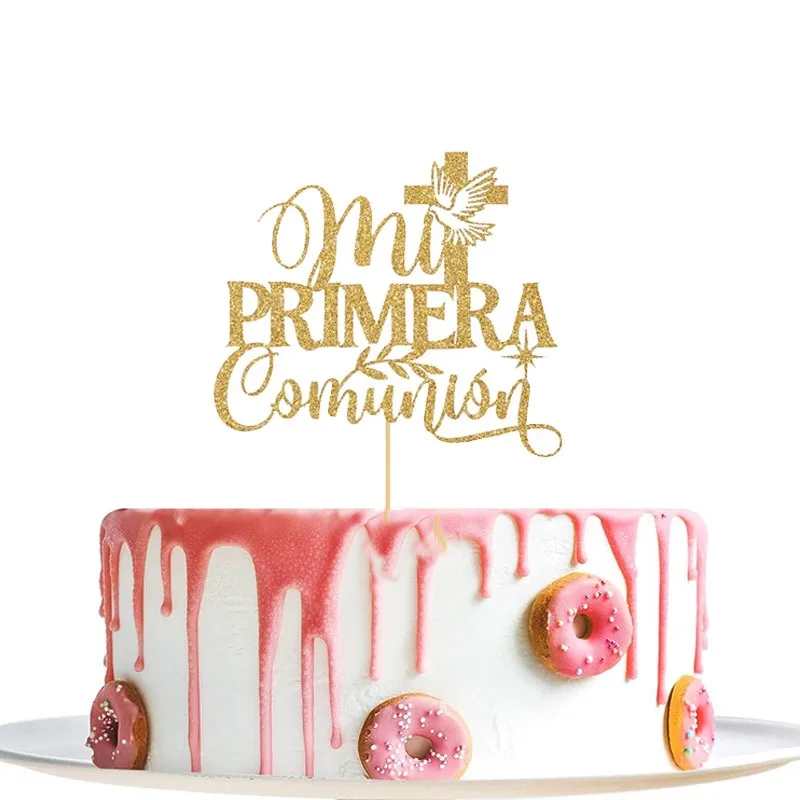 1pcs Spanish First Communion Cake Topper Personalized Gold Cross Religious Cake Decor God's Blessing Acrylic Birthday Party