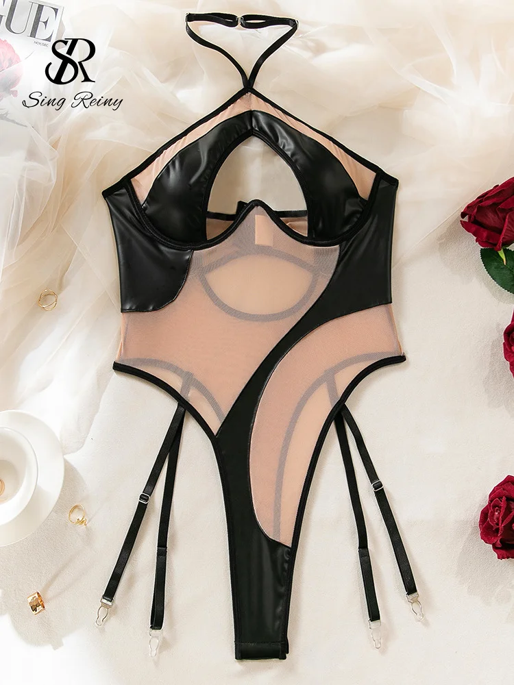 Sheer Mesh Patchwork Backless Halter Bodysuit