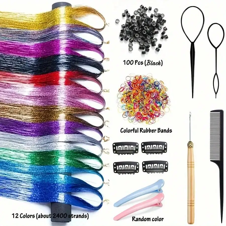 12Colors Shiny Hair Tinsel Strands Kit 36inch And 48inch Synthetic Sparkling Hair Glitter Extensions Colorful Tinsel