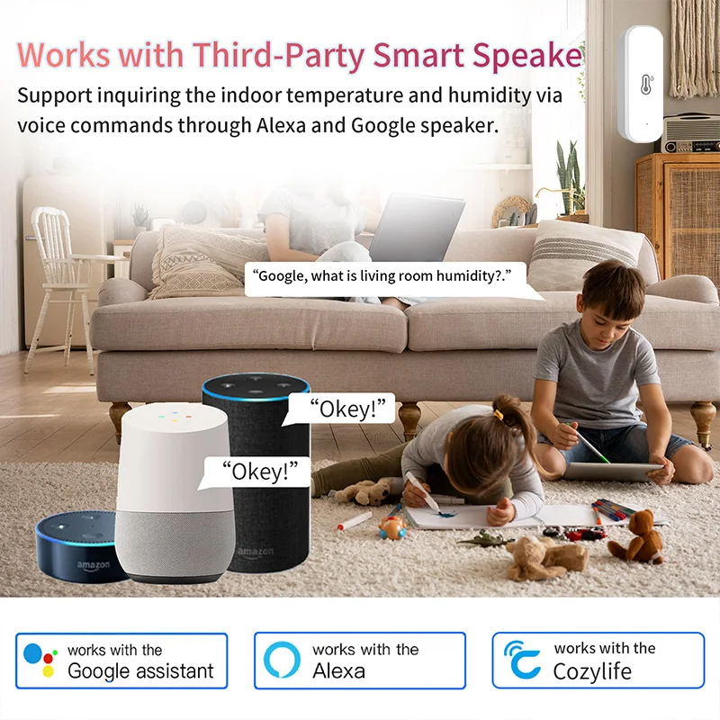Cozylife Smart Home Temperature and Humidity Sensor WiFi Indoor Thermometer Monitor Works with Google Assistant Alexa Cozylife