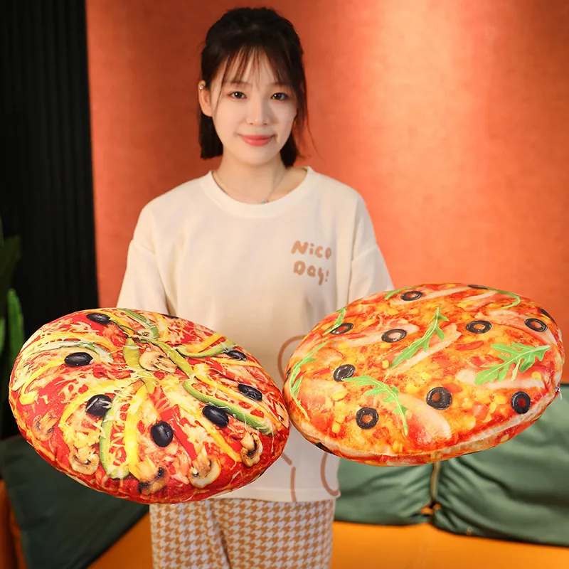 40/60cm Pizza Food Plush Pillow Stuffed Like Real Round Snack Cushion Shell with Zipper Ham Bacon Green Union Beef Tomato Decor 3