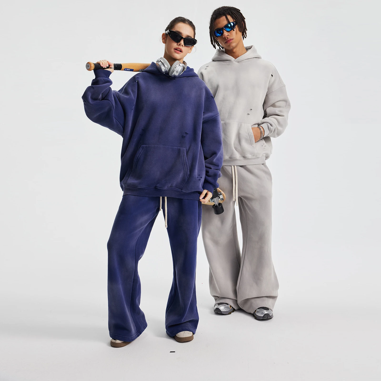 Fleece Sweatpants Men Splashing Ink Spray Dyeing Wash Distressed Wide Joggers Grinding Edges Baggy Plush Pants 2025 Winter