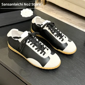 Newest 2026 Spring Summer Women's Athletic Shoes Color-Block Design Genuine Leather Round-Toe Lace-Up Casual Shoes Bota Feminina 1