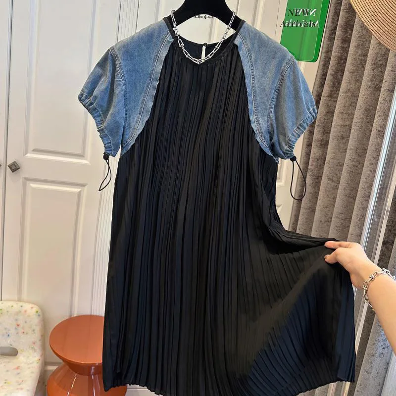 

Large French Hanging Dress for Women's Summer Loose Denim Panel Pleated Skirt Long Dress vestido