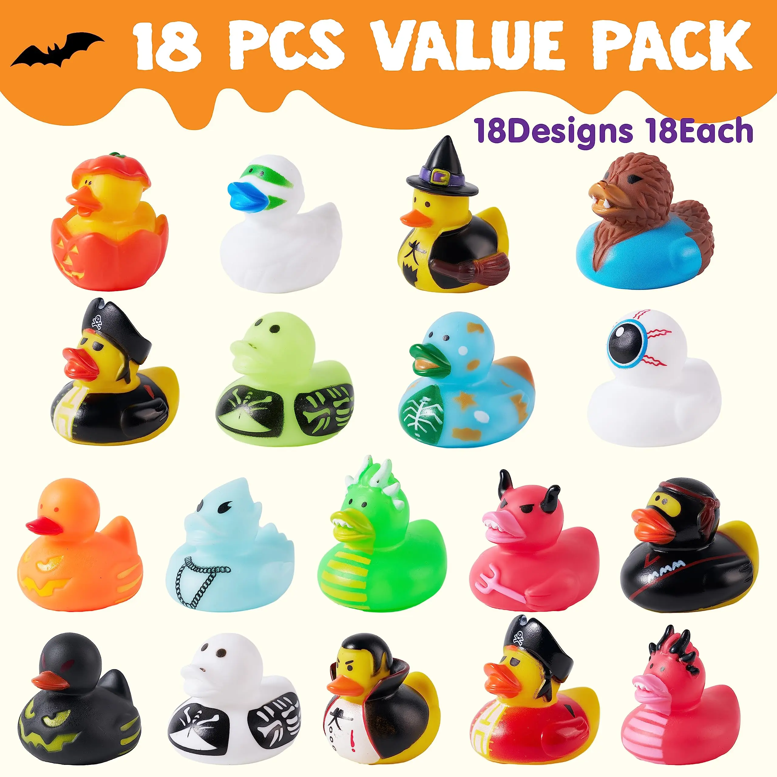 18 PCS Halloween Novelty Rubber Duck,Classic Duck Great for Halloween Party,Baby Bath,Halloween Themed Pool Bathtime Toy for kid 4