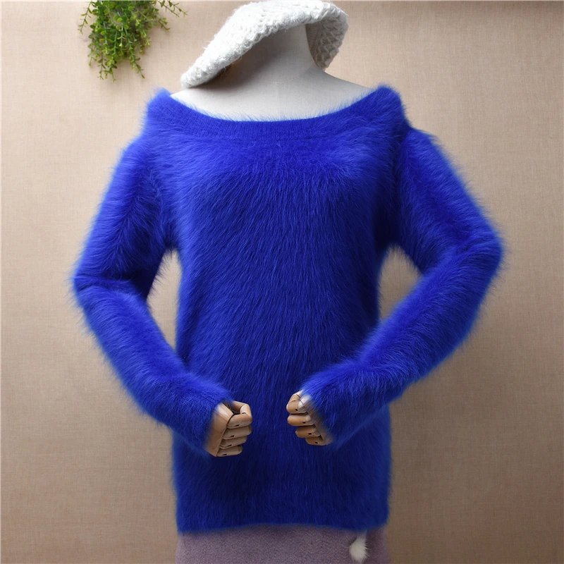 

Female Women Fall Winter Clothing Blue Hairy Mink Cashmere Knitted Slash Neck Off Shoulder Sleeves Slim Blouses Pullover Sweater