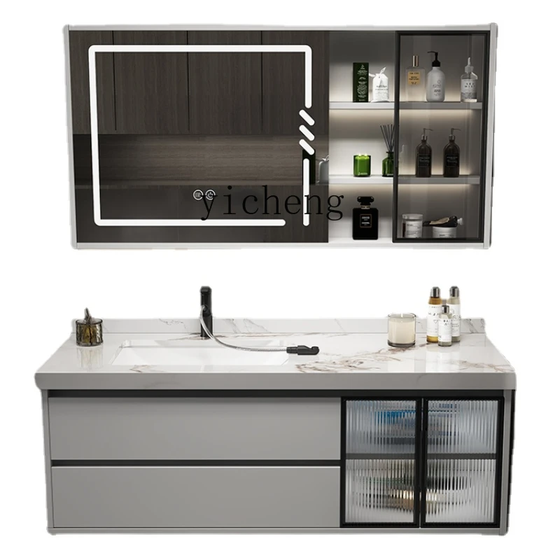 

ZL1 Smart Light Luxury Stone Plate Integrated Bathroom Cabinet Combination Modern Bathroom Solid Wood Wash Inter-Platform Basin
