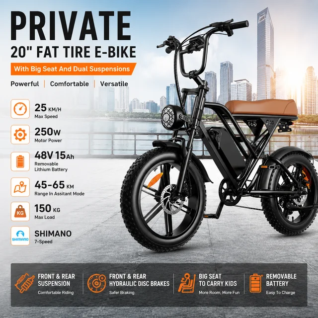 OBX-G60 Vélo électrique à pneus larges de 20 pouces pour adultes, vélo électrique 250W avec batterie amovible 48V 15Ah, Shimano 7 vitesses, suspension avant et arrière, freins à disque hydrauliques, grand siège confortable, autonomie de 45-65 km, vélo électrique tout-terrain City Cruiser noir 1