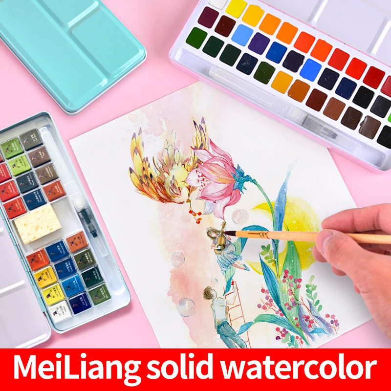 

MeiLiang 24/36Colors Solid Watercolor Paint Pigment Set Portable Metal Box for Beginner Students Drawing Art Supplies