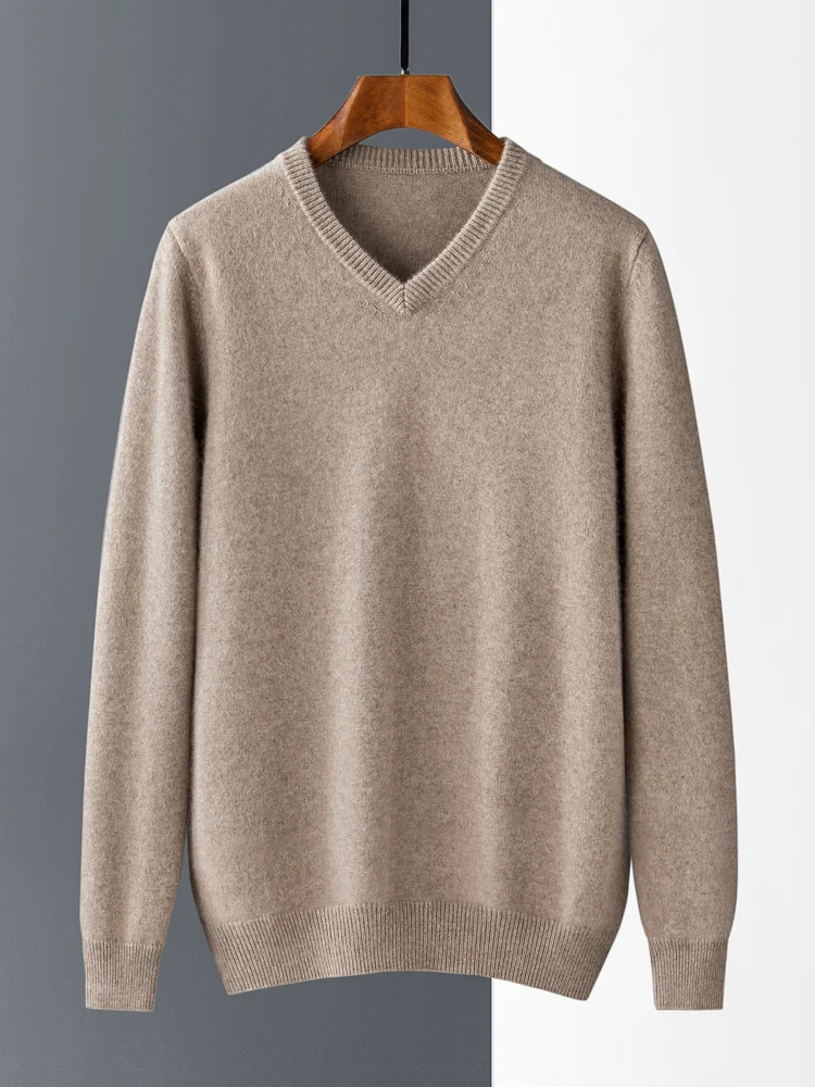 Men's 100% Pure Cashmere Sweater Knitted Long Sleeve High-End Tops V-Neck Pullover Winter Youth Wild Middle-Aged Warm Jumper