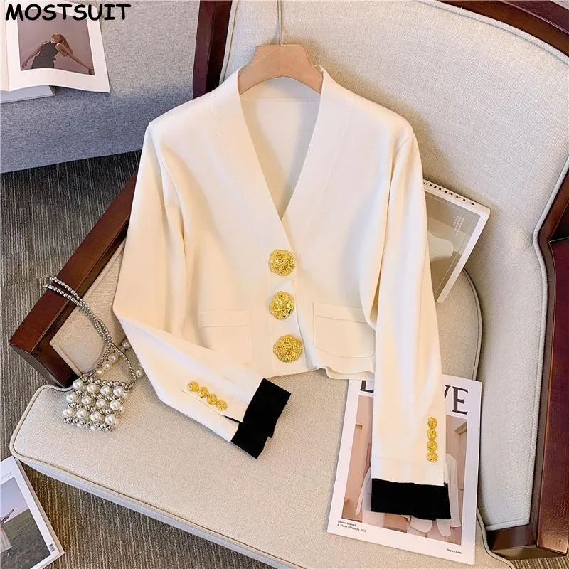 

Vintage Elegant Sweater For Women Cardigan Tops 2024 Autumn Gold Buttons Long Sleeve V-neck Knitwear Fashion Chic Ladies Jumpers