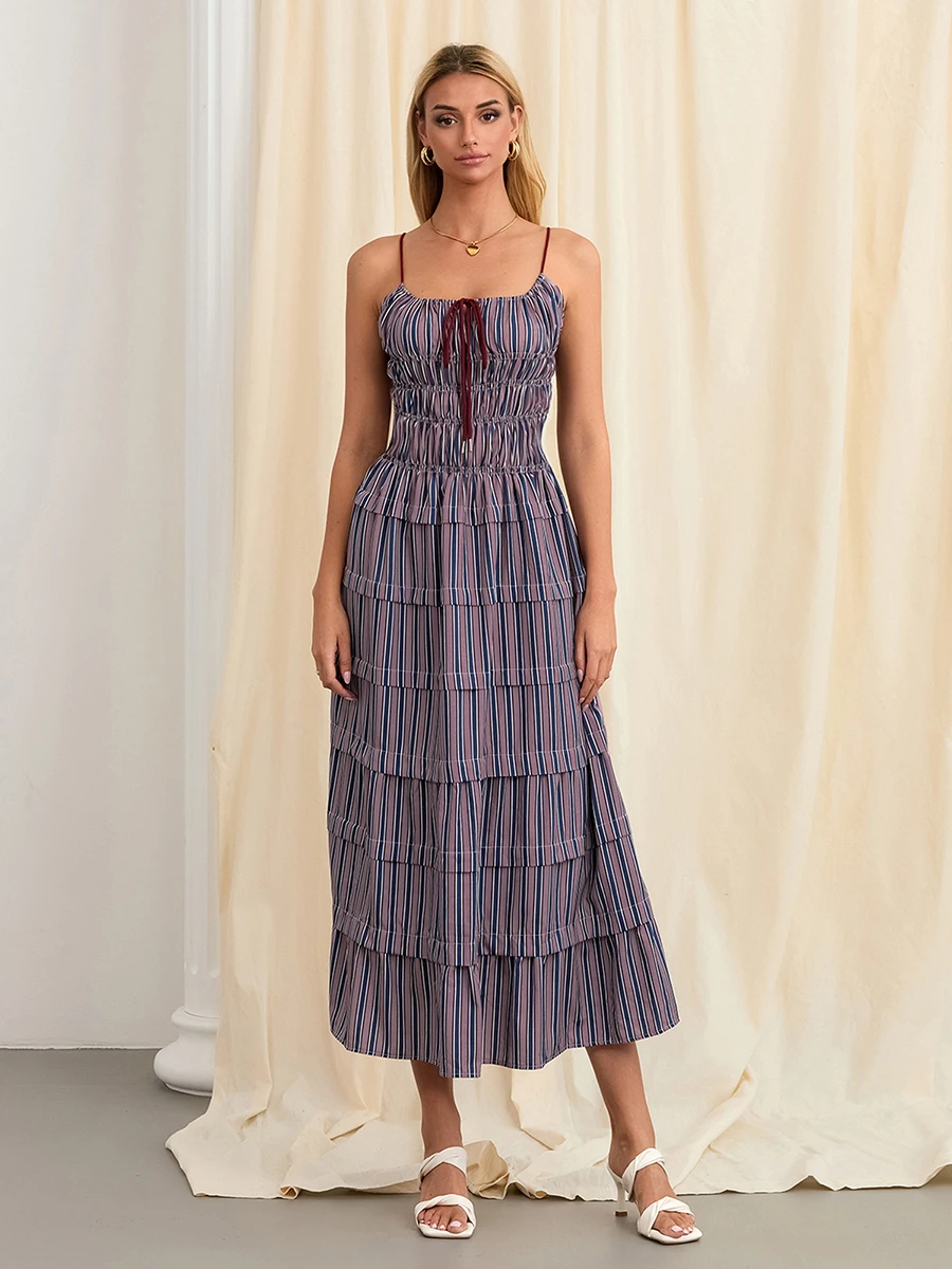 

New Fashion Women Slip Dress Spaghetti Straps Backless Striped Dress Layered Long Swing Dress Club Street Style Hot Sale S-XL