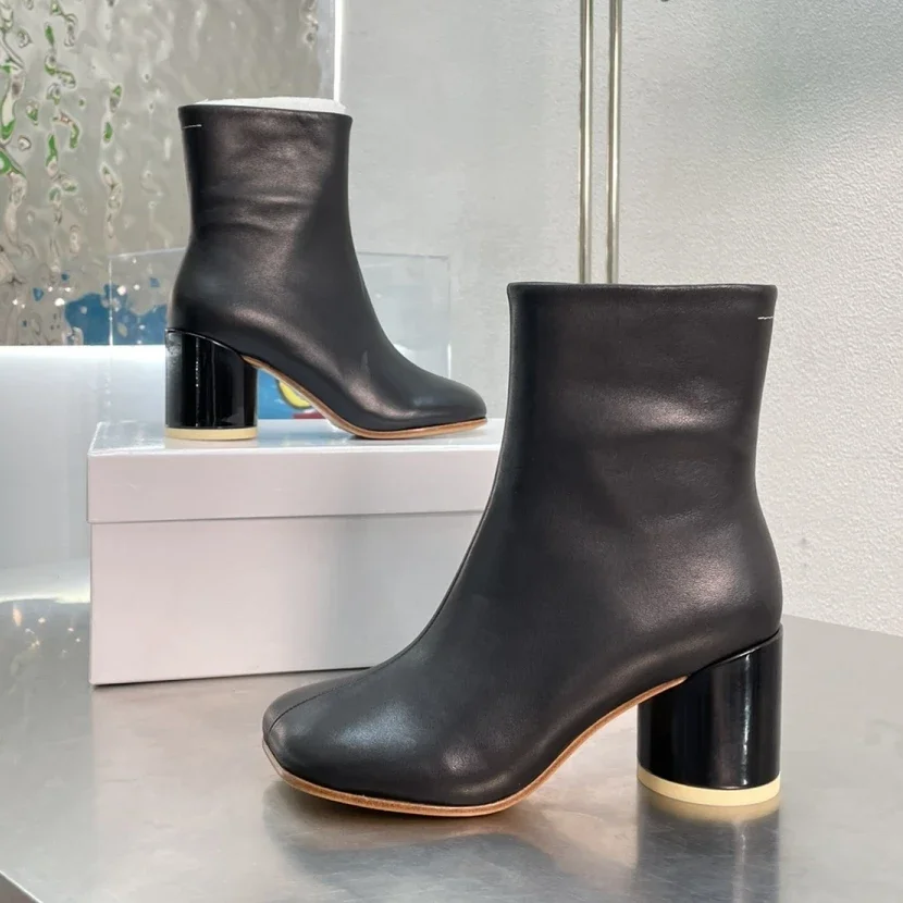 

European and American style 2023 autumn and winter new thick heels, high heels, short boots for women, leather bare boots