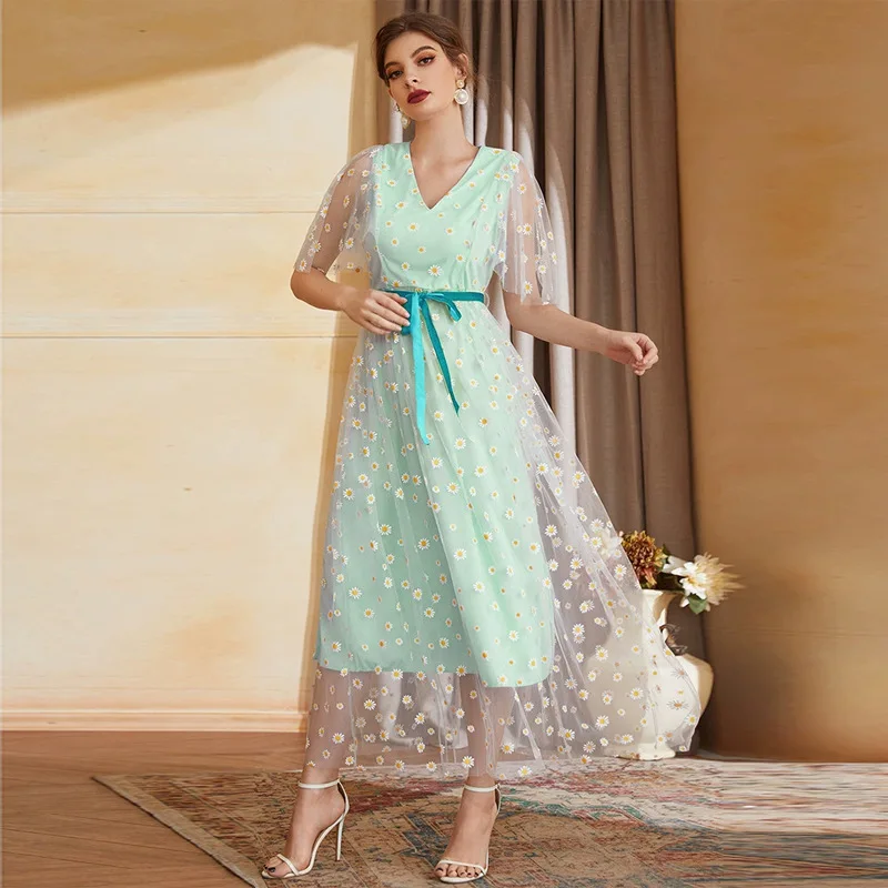 

Muslim Women Print High Waist Sweet Elegant Party Abayas Dresses V Neck Long Sleeve Slim Beach Dress Vestidos Ramadan
