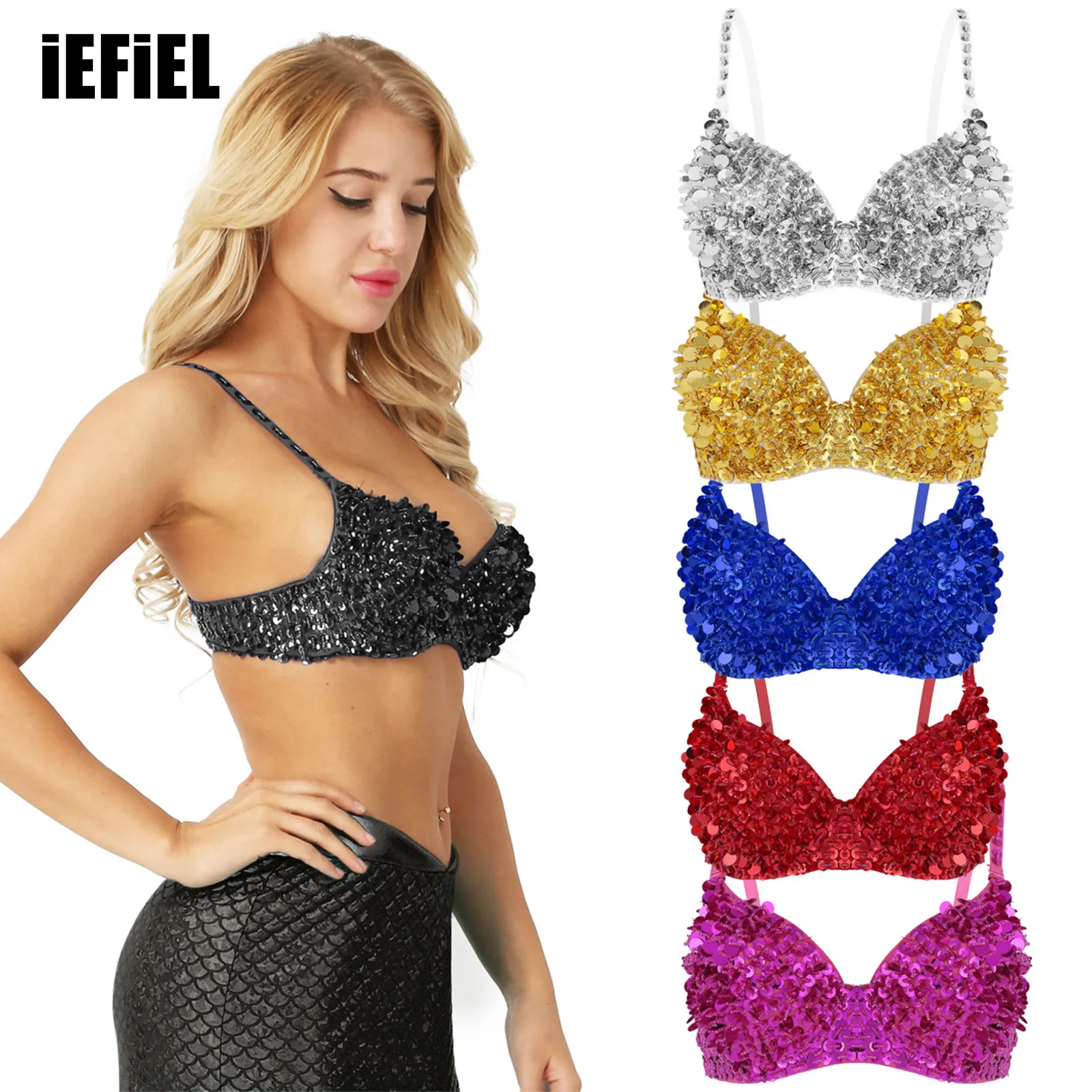 

Women Sparkle Sequins Beading Padded Bra Fashion Top for Raves Dances Club Wear Belly Dancing