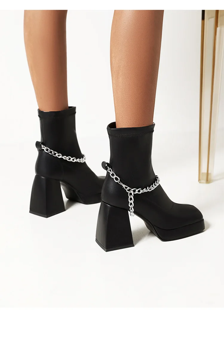 Fashion Women chain Boots Female British Styl Autumn Single Boots Square Toe Thick Heel Net Red Thin High Heels Short Boots