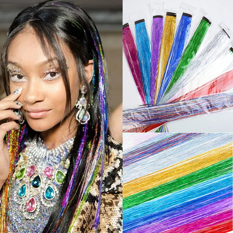 

Sparkle Clip In Hair Tinsel Glitter Hair Extensions 10pcs/Pack Synthetic Rainbow Hairpieces Hair Accessories For Women Headdress