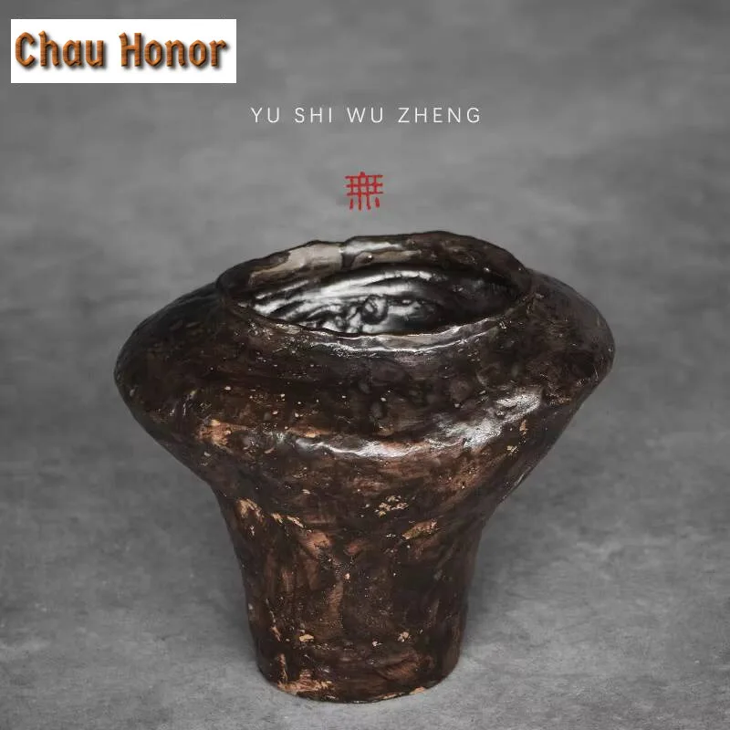 Japanese Black Coarse Pottery Flower Pot Handmade Large Vases Decorated with Floral Ornament Arrangements 22cm Basket Home Craft