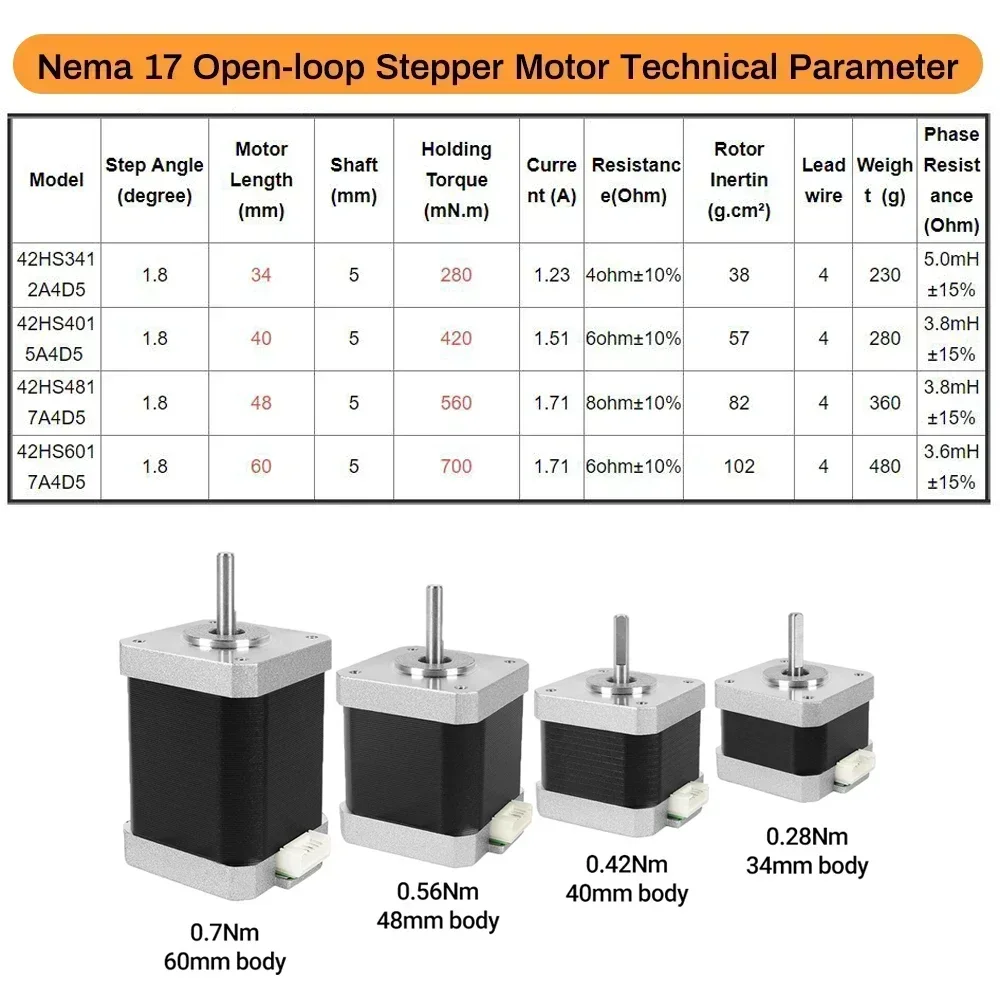 Nema17 Hybrid Open-loop Stepper Motor 2PH 34/40/48/60mm Length 4-Lead 0.28/0.42/0.56/7Nm for 3D Printer CNC Machine Tools Laser stepper motor