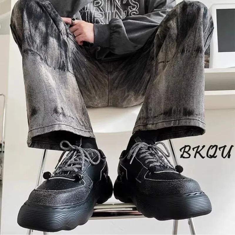 BKQU Commuter Boys Inside Increase Thick Soled Daddy Men Casual British Style Derby Shoes Big Head Korean Version of The Tide