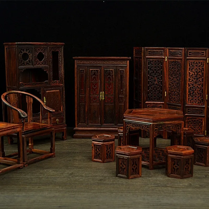 

Chinese Style Handicraft Miniature Furniture Model Solid Wood Ornaments Mini Table Chair Screen Cabinet