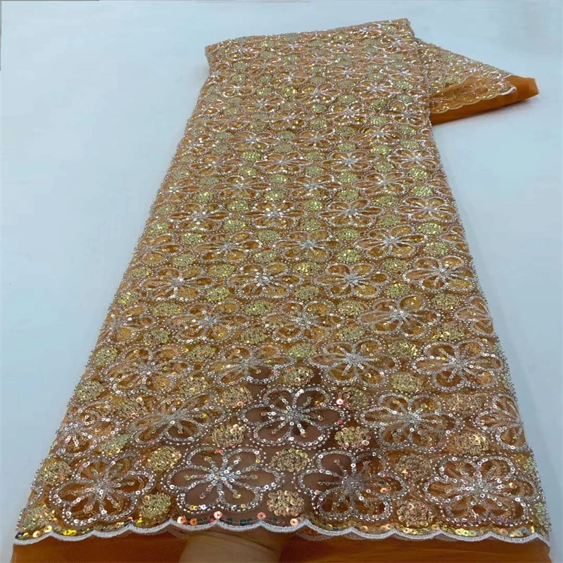 

New African Lace Fabric 2023 High Quality Lace Sequins Beaded Nigerian Laces Fabric 5 Yards for Women Wedding Party Dress XZ2604