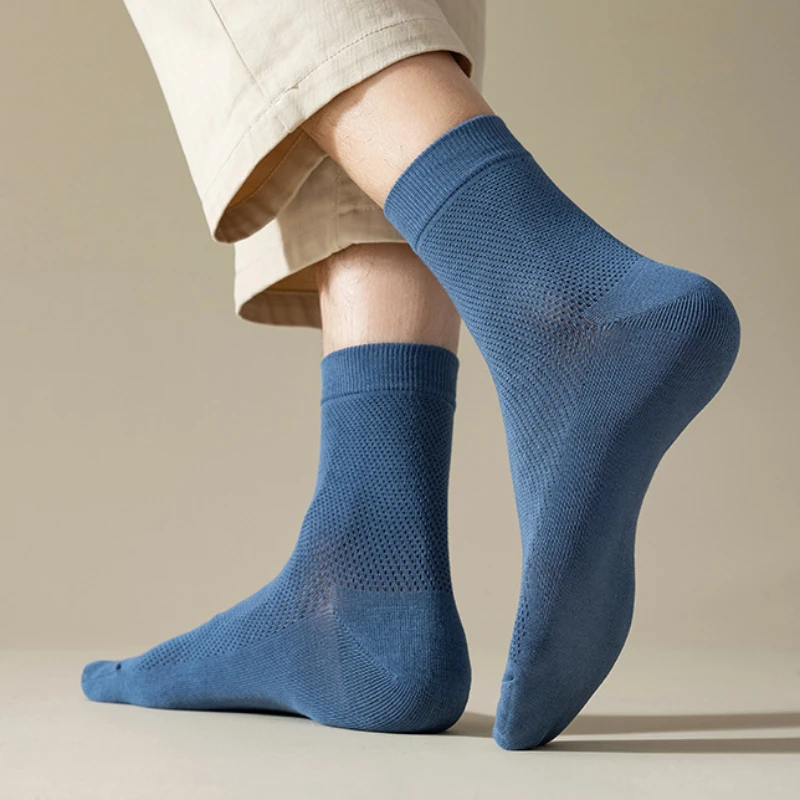 10 Pair Mens Pure Cotton Socks Mesh Crew Thin Breathable Antibacterial Deodorant Casual Long Mid Tube Dress Socks Spring Summer