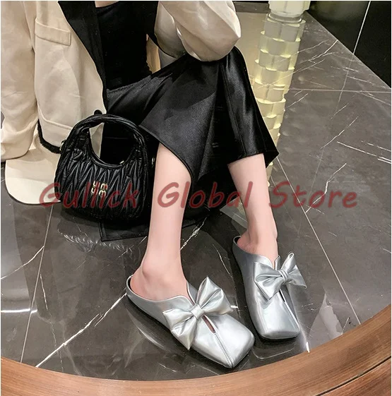 

2024 New Arrival Slides Square Toe Shallow Wrapped Toe Flat Butterfly Knot Slippers Summer Outside Grace Soft Microfiber Dress