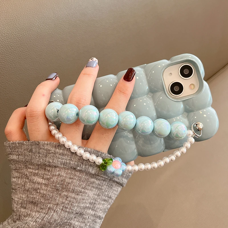 Elegant Pearl Bracelet Chain 3D Ice Lattice Shockproof Phone Case Cover