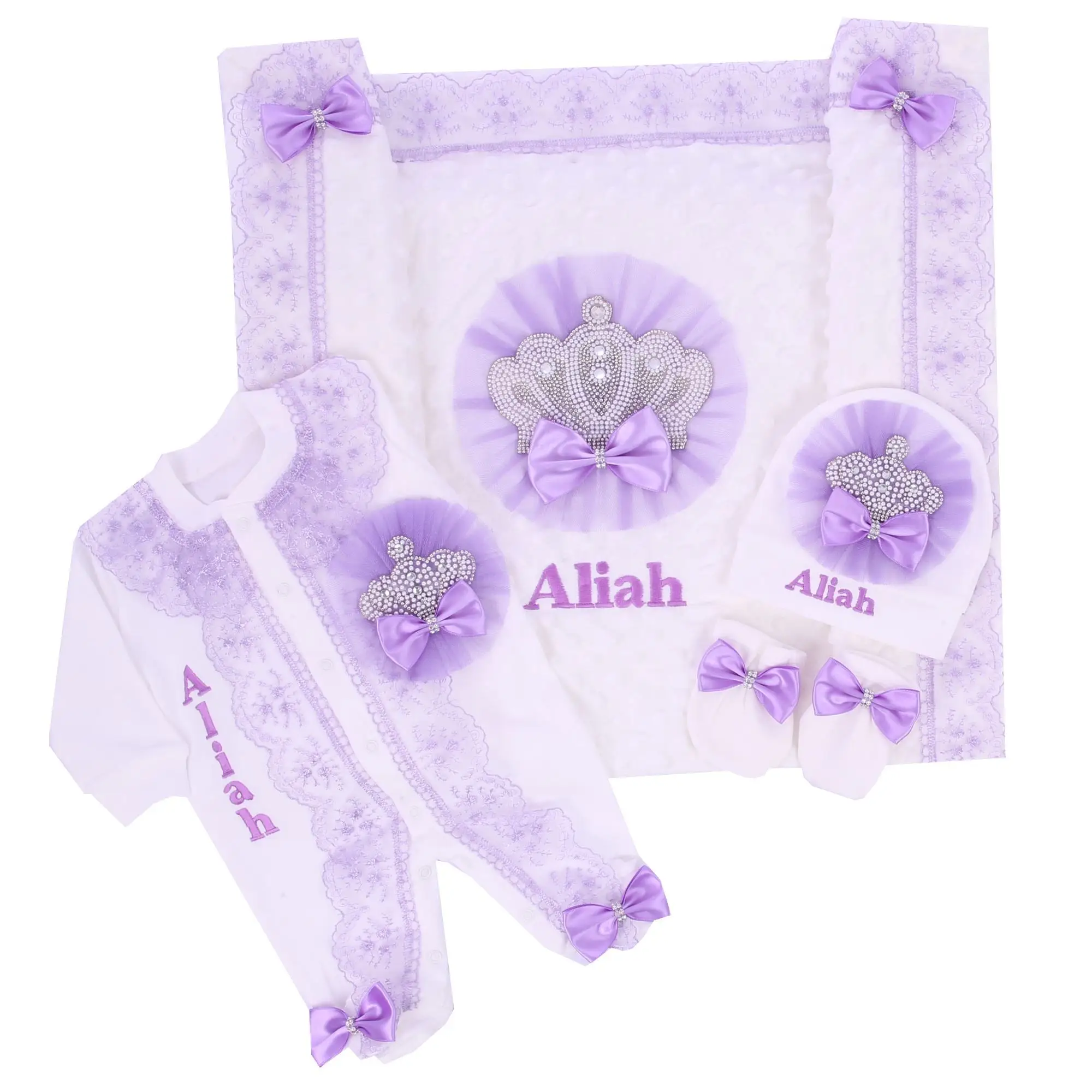 Baby Outfits Dollbling Newborn 5pcs Layette Outfits Set Baby Tuxedo Outfit 0-3M Handmade Embroidery Wheat Jewels Crown Parajams Gift Set