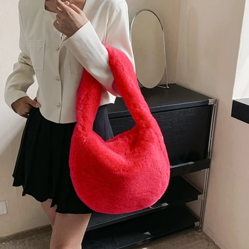 부드럽고 푹신한 플러시 숄더백, 솔리드 플러시 여성 모피 백, 럭셔리 디자이너 대용량 토트 핸드백, 2023 겨울 신상