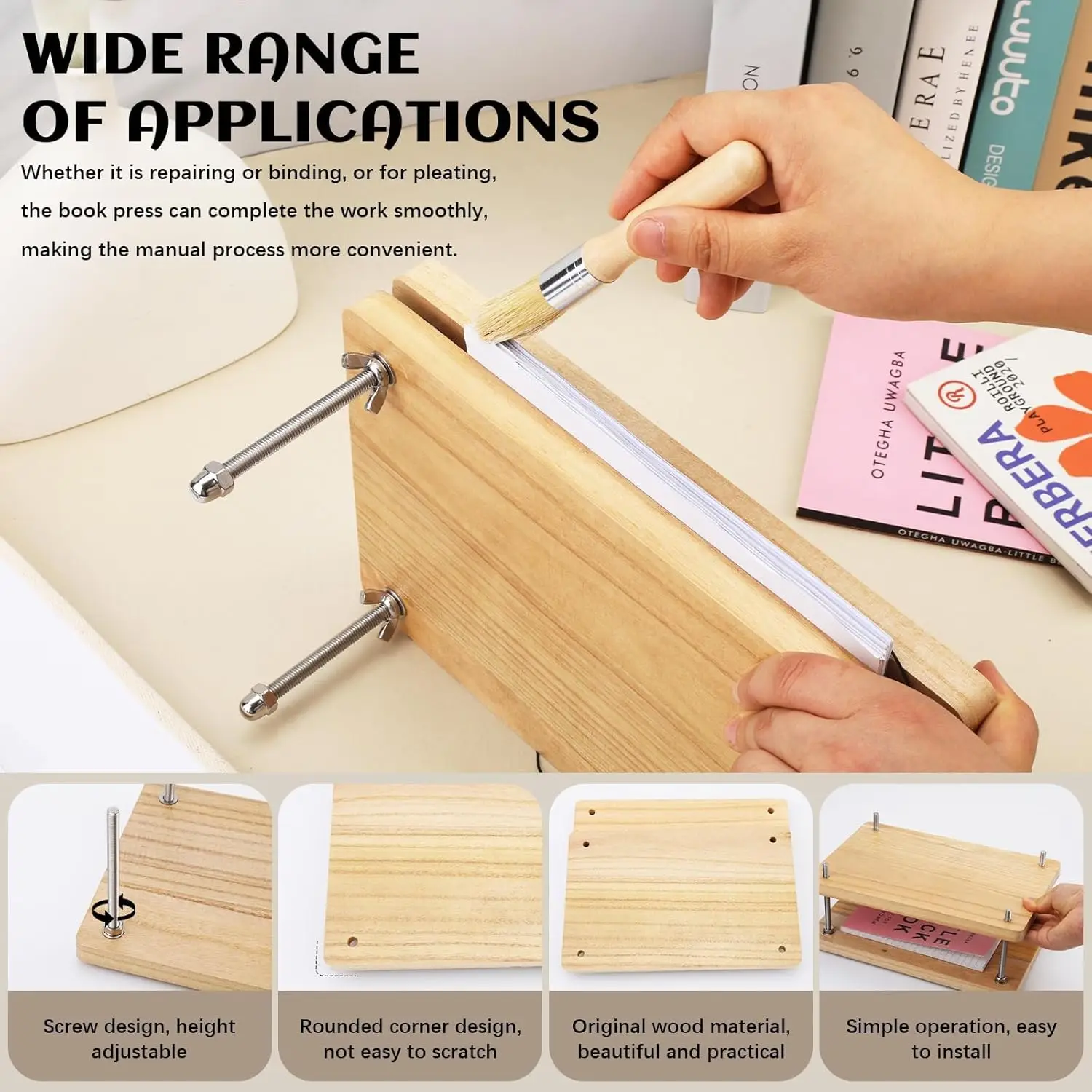 Wooden Book Press, Book Binding Tool, Flat Paper Press Machine for Desktop DIY Bookbinding Greeting Cards Labels - 4