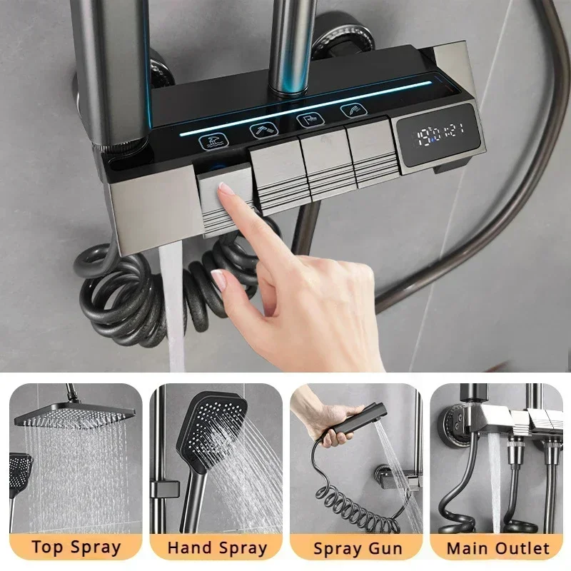 Piano Key 4 Ways Water Outlet Shower Full Set Bathroom Wall Mount Intelligent Temperature Digital Display Shower Faucet System 2