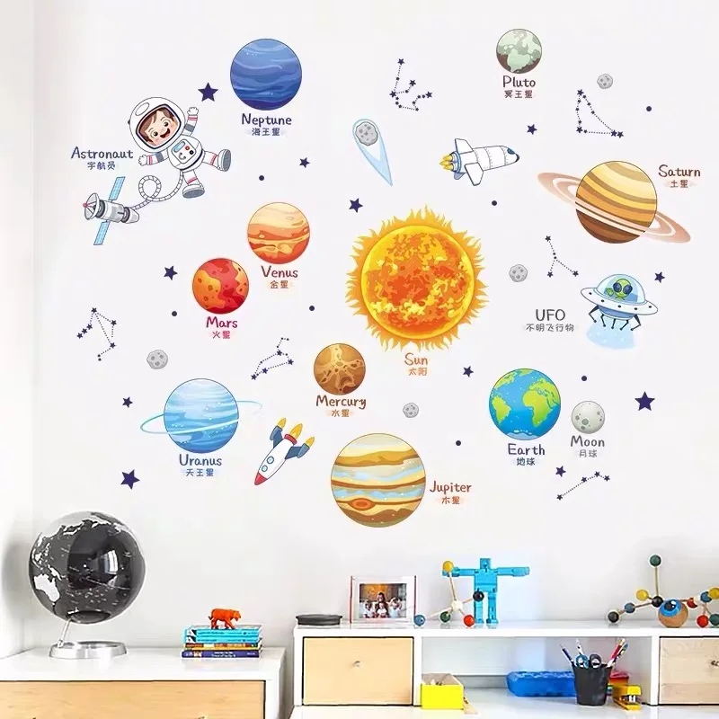 Cartone Animato Sistema Solare Pianeta Cosmico Sole Terra Luna Adesivi Murali Per Camera Dei Bambini Camera Da Letto Sala Lettura Decalcomanie Murali 